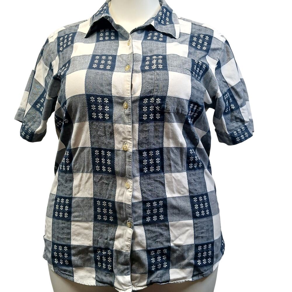 Cascade Blues Womens XL Blue Plaid Floral Button Up Shirt Short Sleeve